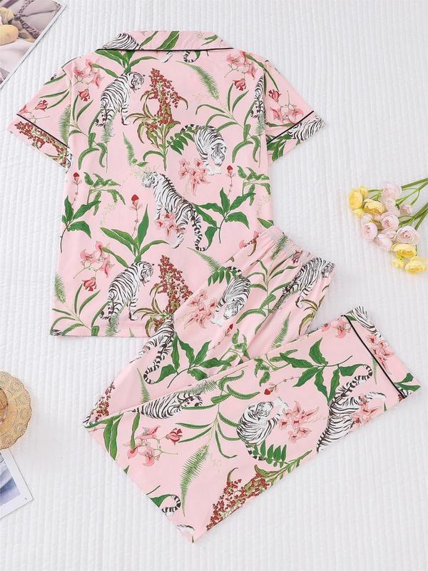 Women's All Over Cartoon Print Lapel Neck Button Front Pajama Two-piece Set, Casual Comfy Short Sleeve Pocket Shirt & Elastic Waist Pants Pj Set, Ladies Sleepwear for All Seasons